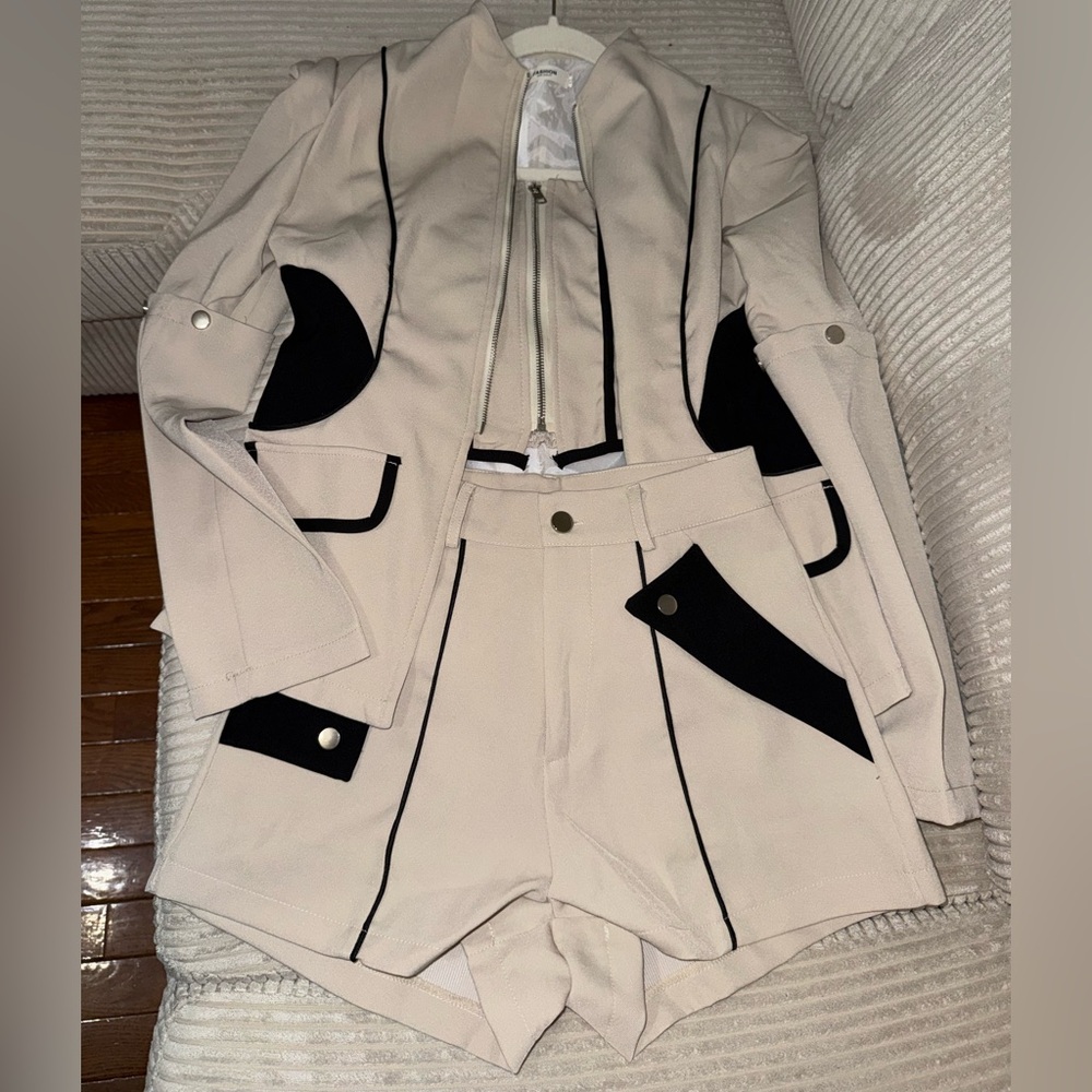 Beige and Black Two-Piece Jacket Set - Structured Crop Top & High-Waist Shorts